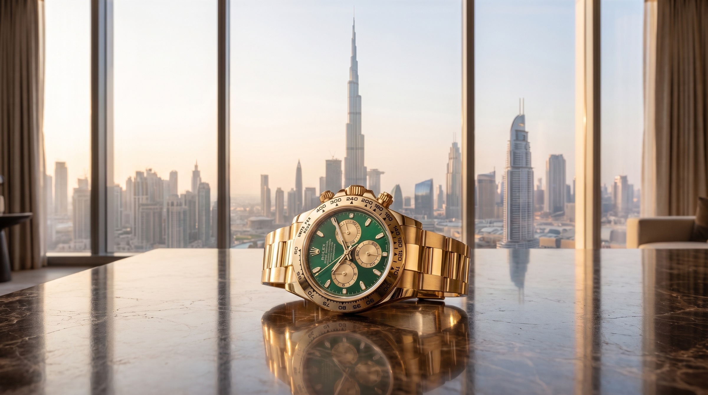 Yellow-gold green-dial Rolex Daytona on marble against the Dubai skyline