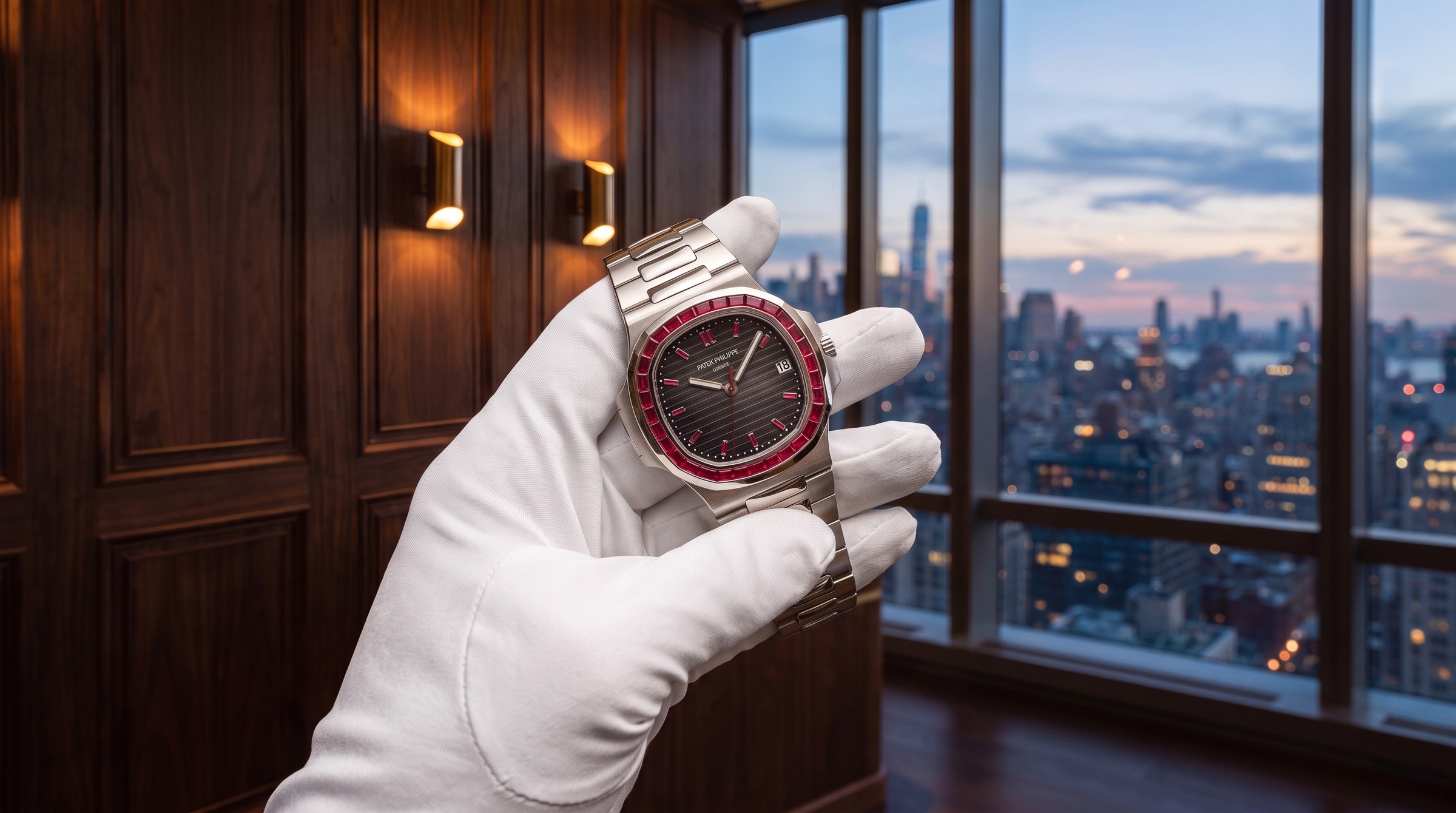White-gloved hand presenting a gem-set Patek Philippe Nautilus above the New York skyline
